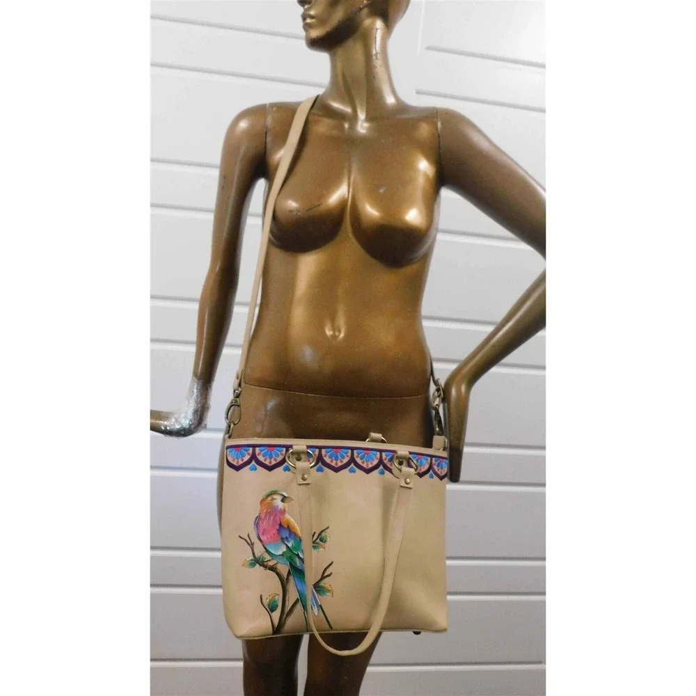 Anuschka Hand Painted Embroidered Tan Leather Parrot Large Tote Shoulder Bag‎